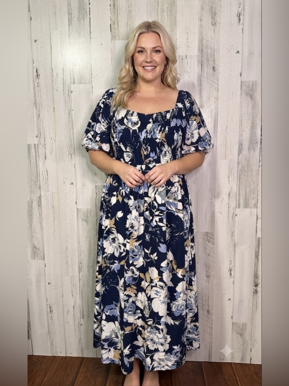 Maurices Floral Smocked Maxi Dress Navy Blue Size XXL